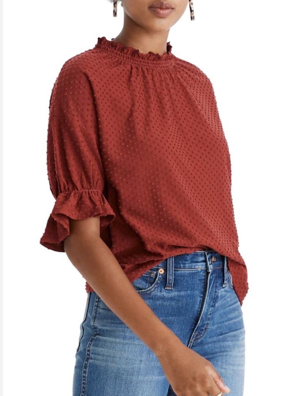 4/$20 Madewell Texture & Thread Clip Dot Ruffle Top Burgundy Mock Neck Blouse S